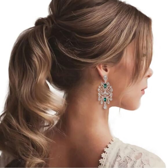 Silver with Diamond and Emerald Austrian Crystal Banquet Chandelier Earrings - Picture 3 of 5